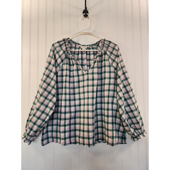 J.Crew Tops - J.Crew Pink Green Gingham Ruffle Neck Cotton Sheer Peasant Blouse XL Flowy Boho